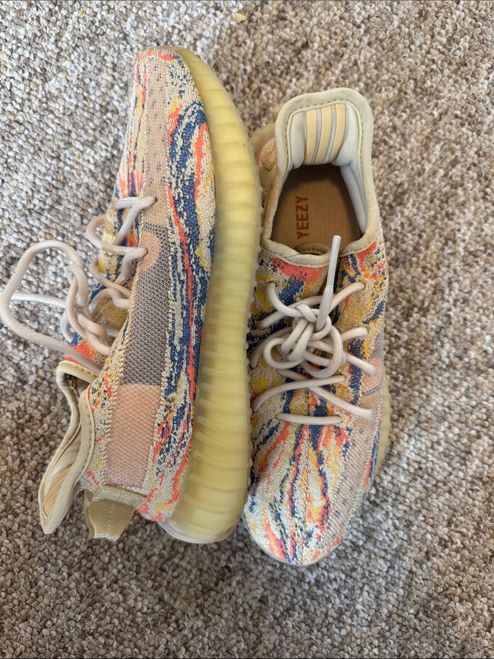 Yeezy Marble Knit Sneakers in Cream, Blue, Orange and Pink